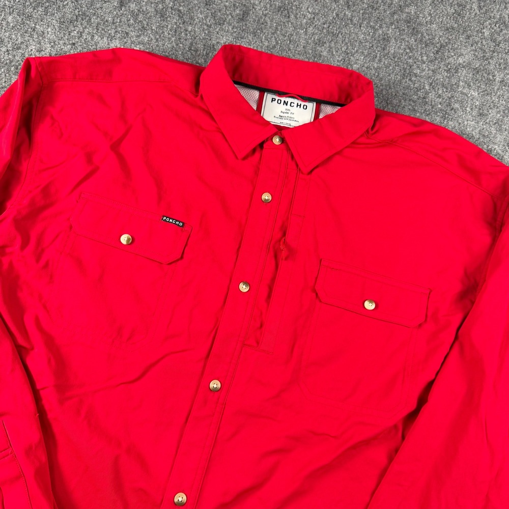 Poncho Outdoors Shirt Mens XXL Red Long Sleeve Magnetic Pockets Vented Fishing